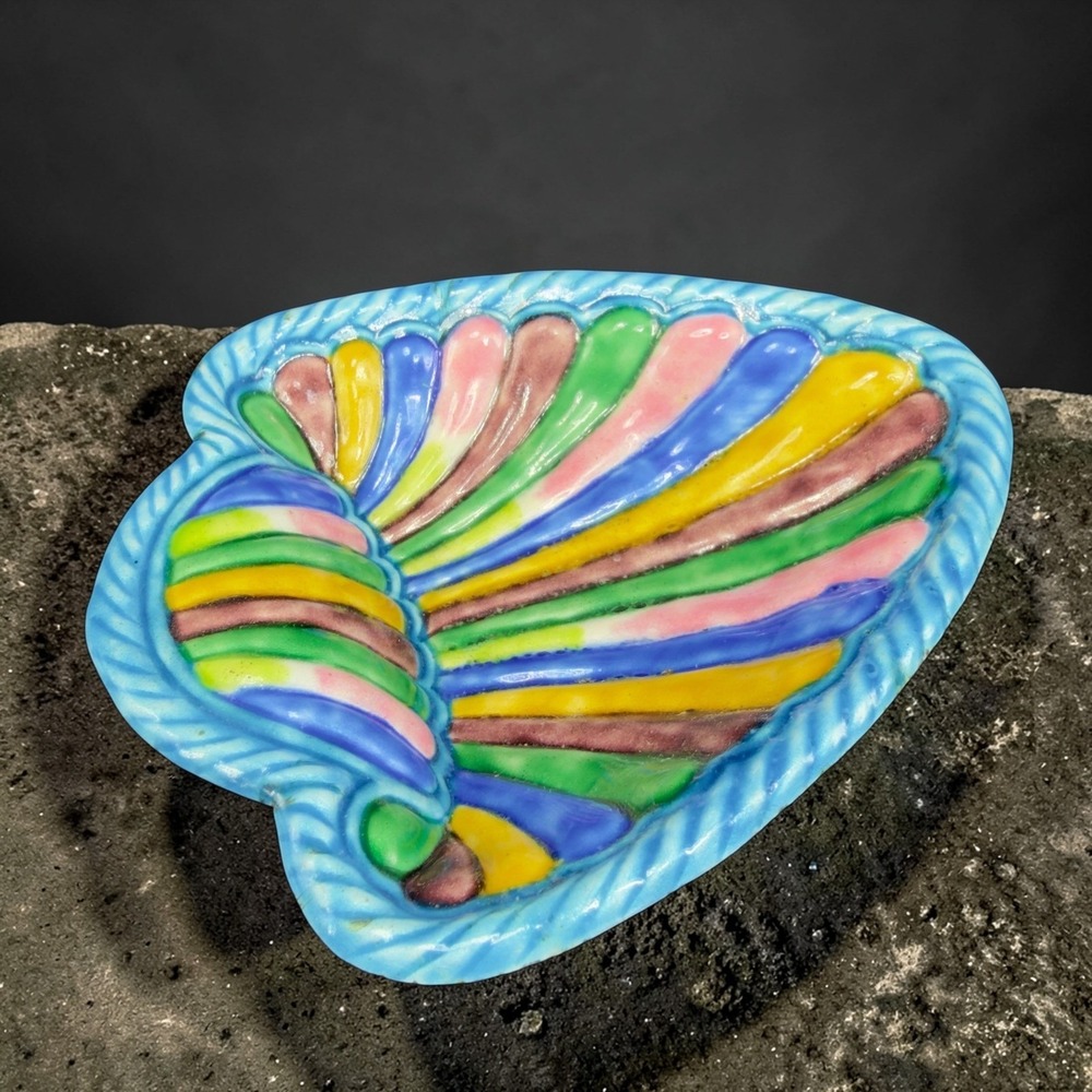Vintage Enameled Metal Seashell Trinket Dish Multi Color Scallop Shell Tray Dish